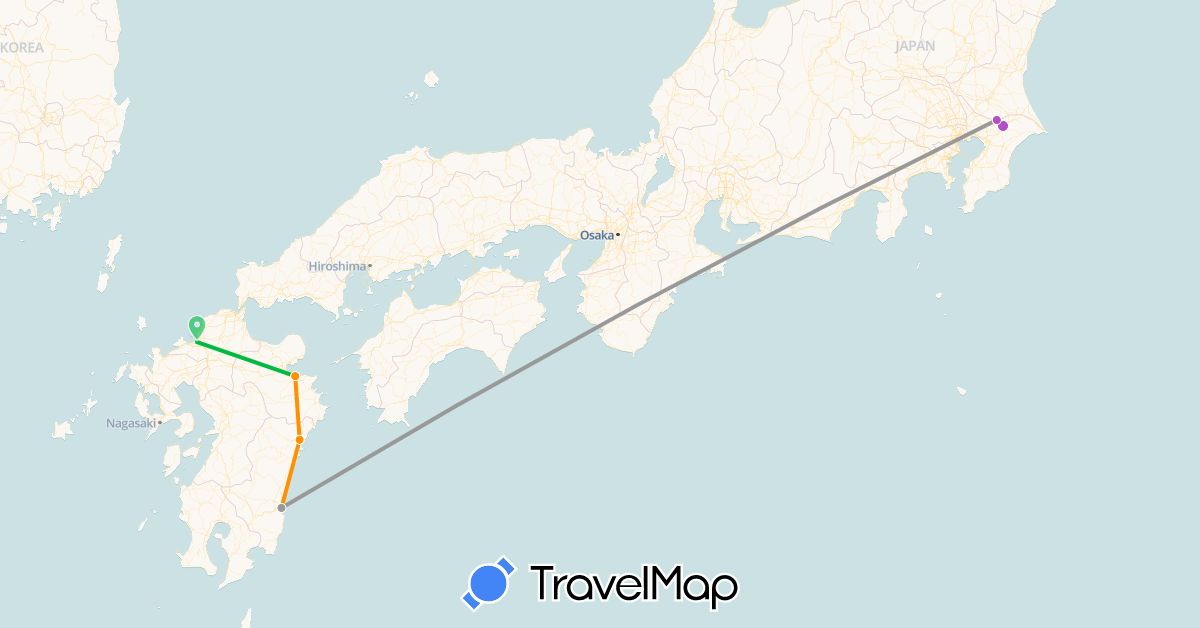 TravelMap itinerary: driving, bus, plane, train, hitchhiking in Japan (Asia)